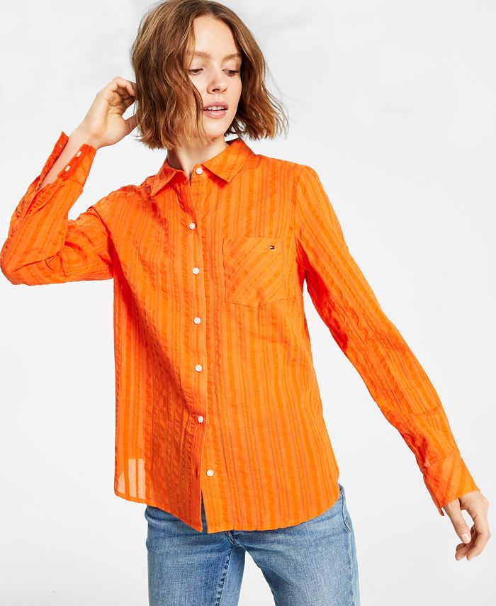 Tommy Hilfiger Women's Cotton Striped Roll-Tab Shirt - Macy's