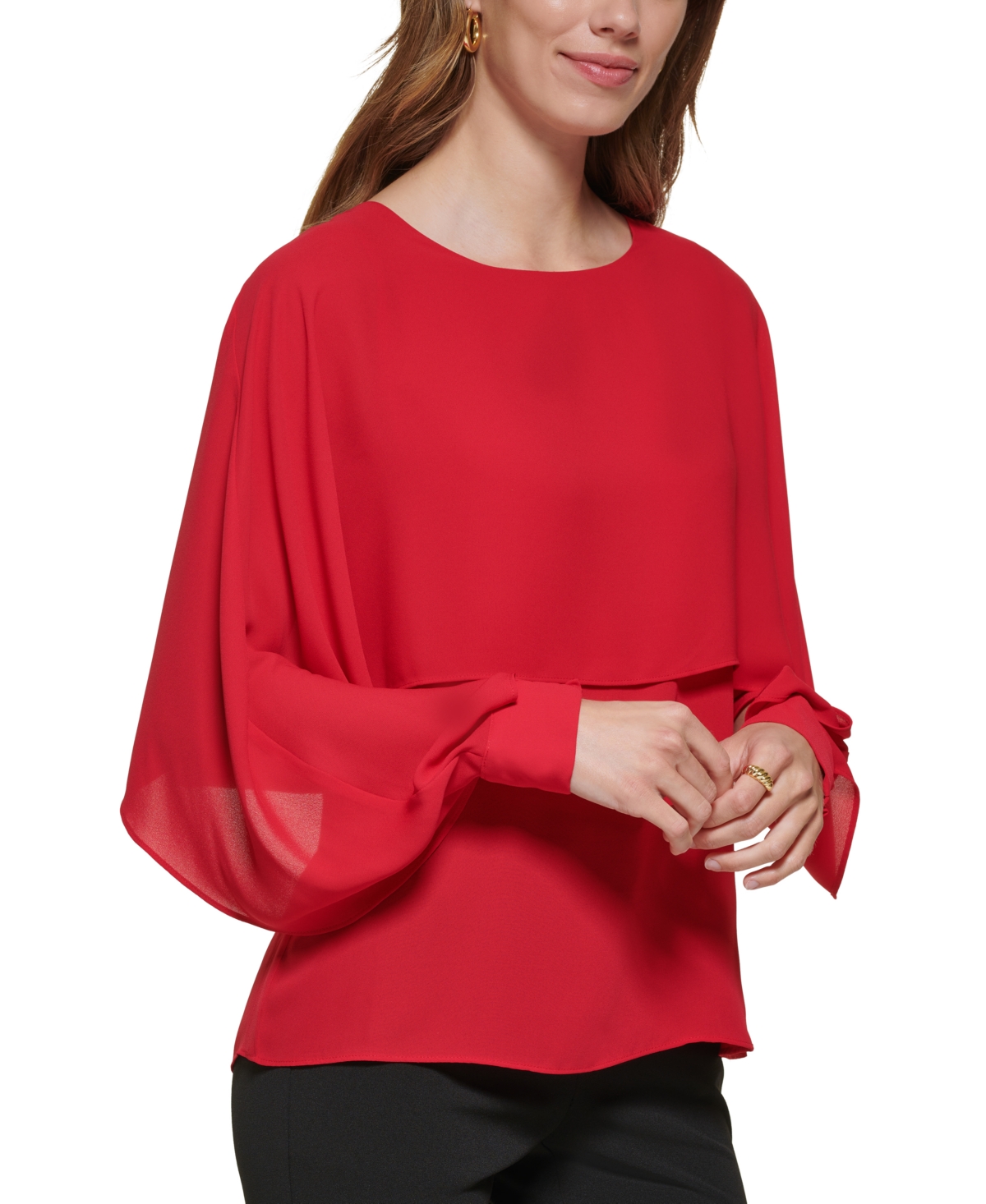 Dkny Petite Long-sleeve Crewneck Cape Blouse In Scarlet