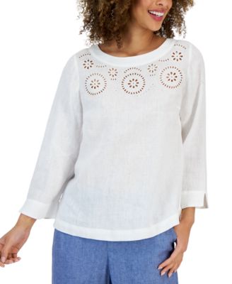 Charter Club - Women's Linen Embroidered Scoop-Neck Split-Cuff Top
