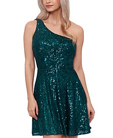Juniors' Sequinned One-Shoulder Strappy-Back Fit & Flare Dress  