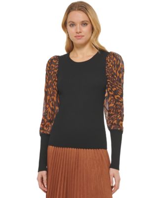 Printed Mixed-Media Long-Sleeve Sweater 