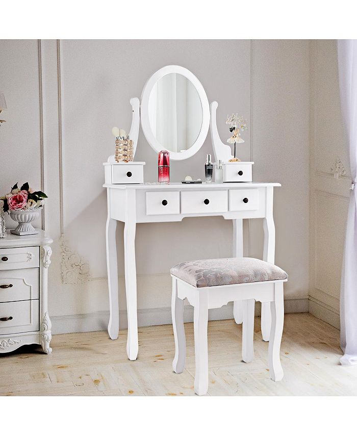 Costway Makeup Desk Vanity Dressing Table Oval Stool 5 Storage Macy's