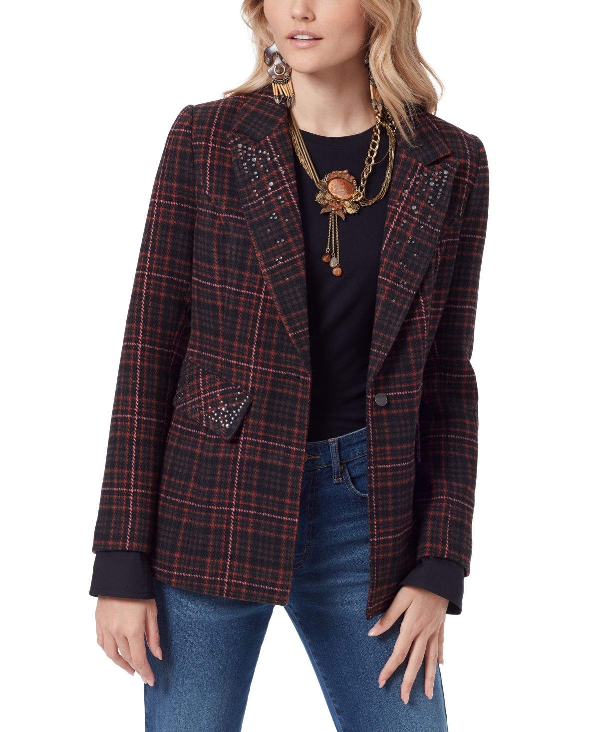 Sam Edelman Women's Margot Embellished Plaid Blazer In Charcoal ModeSens