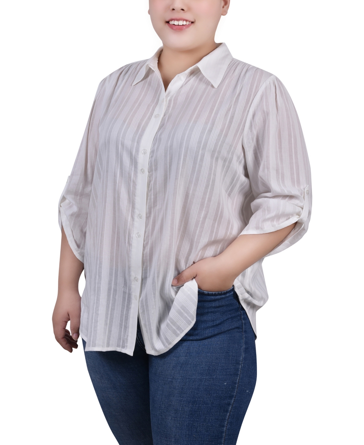 Ny Collection Plus Size 3/4 Roll Tab Sleeve Cotton Blouse In White