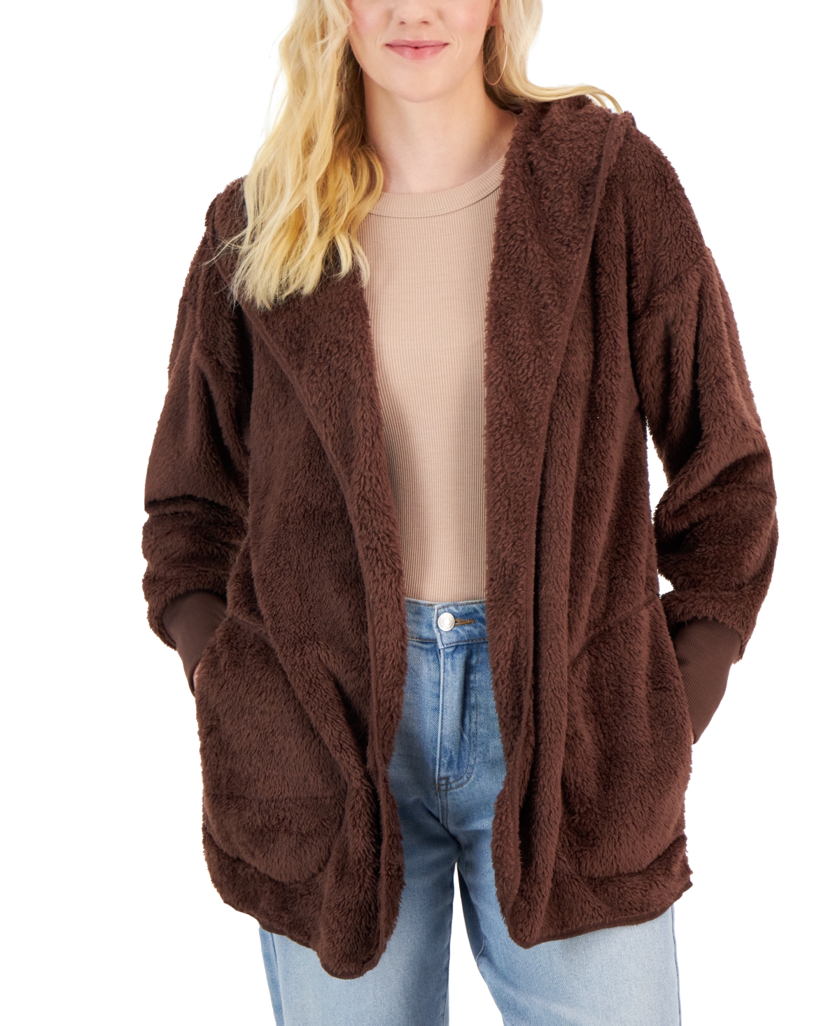 Crave Fame Juniors' Cozy Open-Front Hoodie Cardigan
