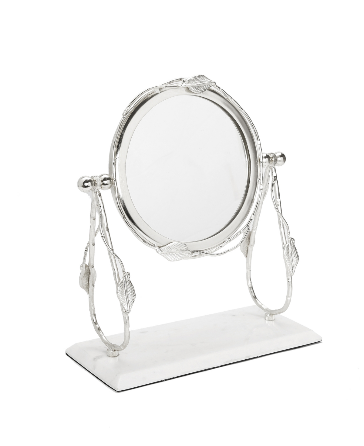 Table Mirror with Leaf Design Border and Marble Base, 4" x 14" - Silver-Tone