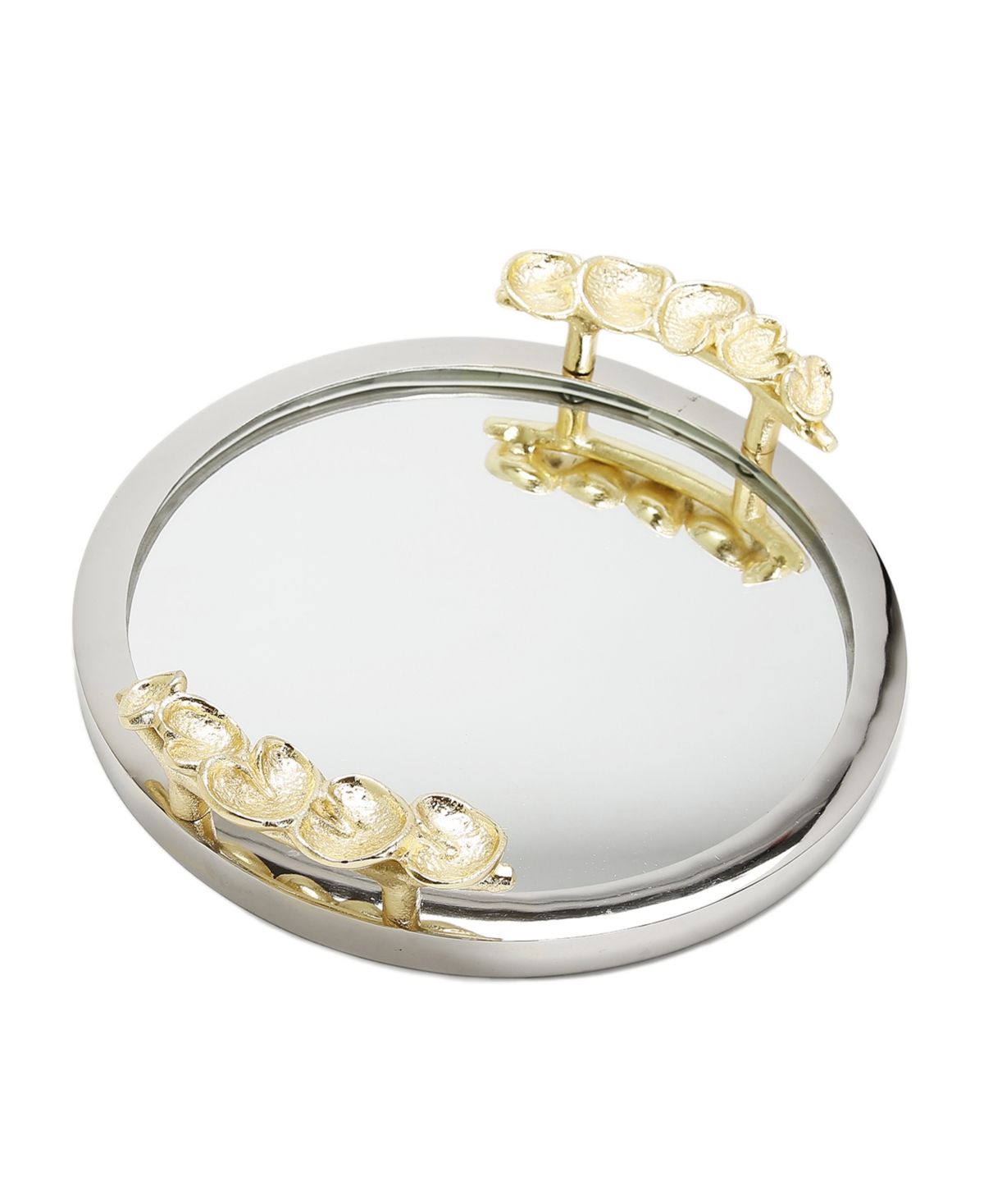 Classic Touch Mirror Tray Border Leaf Design on Handle, - Silver and Gold
