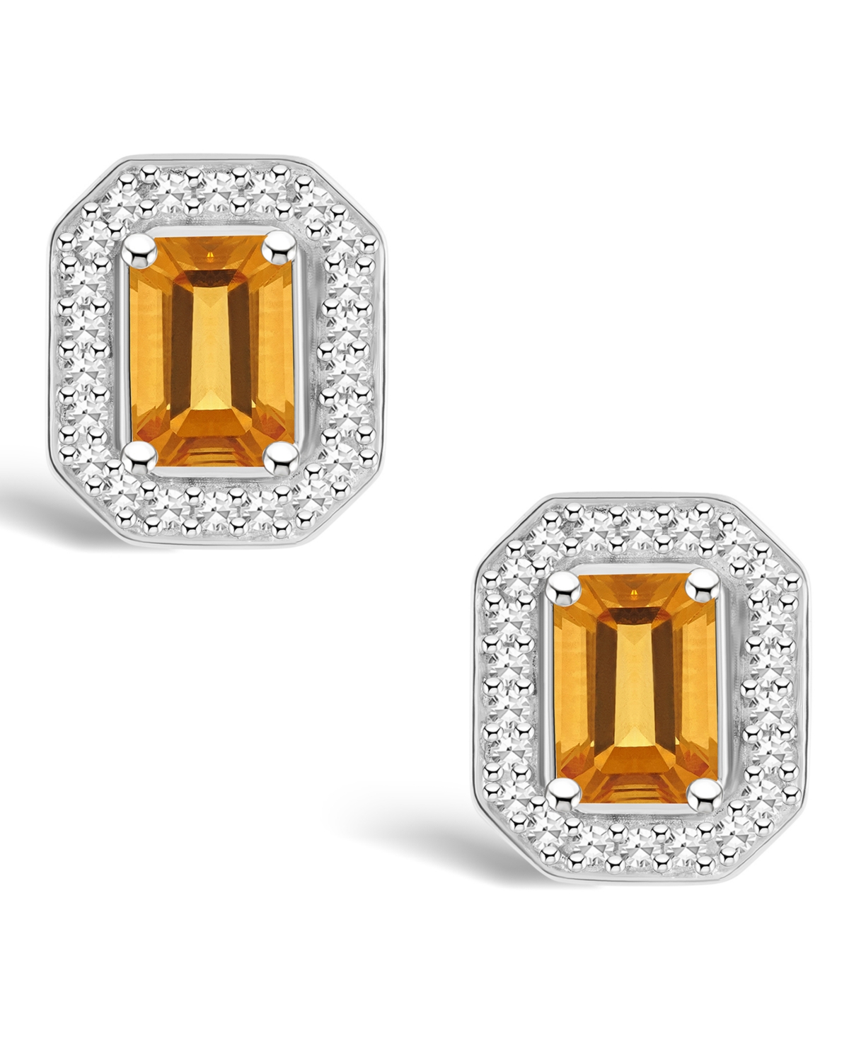 Macy's(1-1/10 ct. t.w.) and Diamond (1/5 ct. t.w.) Halo Studs in Sterling Silver - Citrine