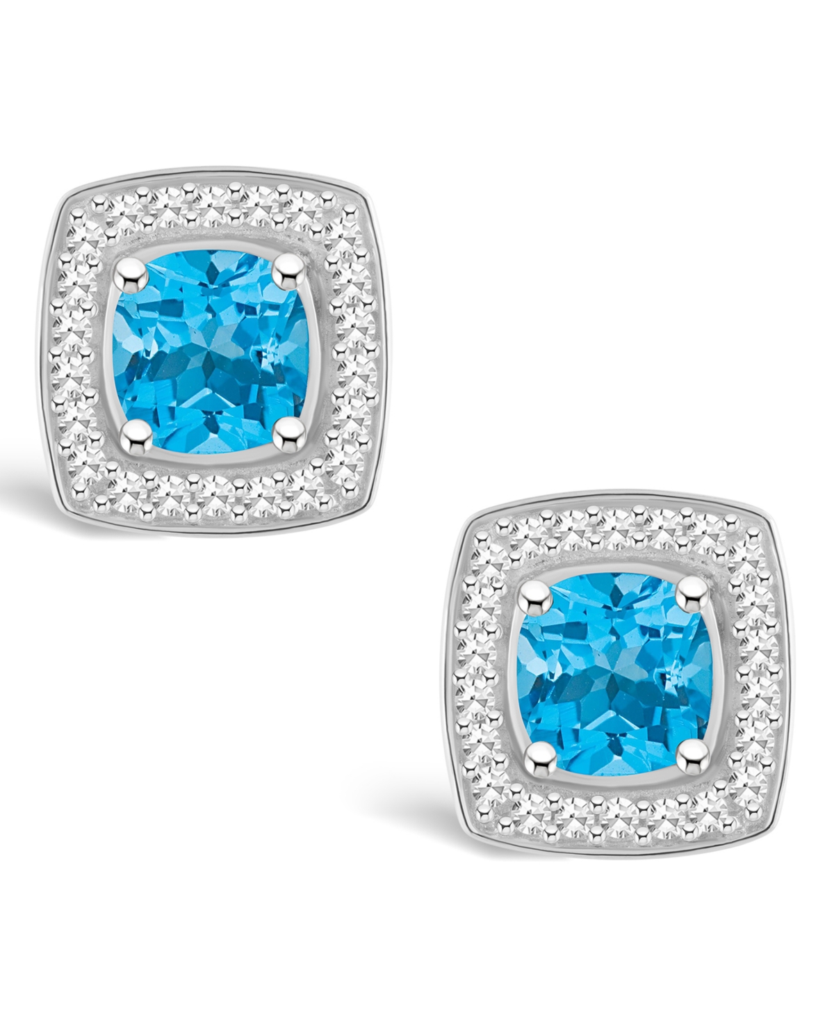 Macy's(1-1/2 ct. t.w.) and Diamond (1/5 ct. t.w.) Halo Studs in Sterling Silver - Blue Topaz