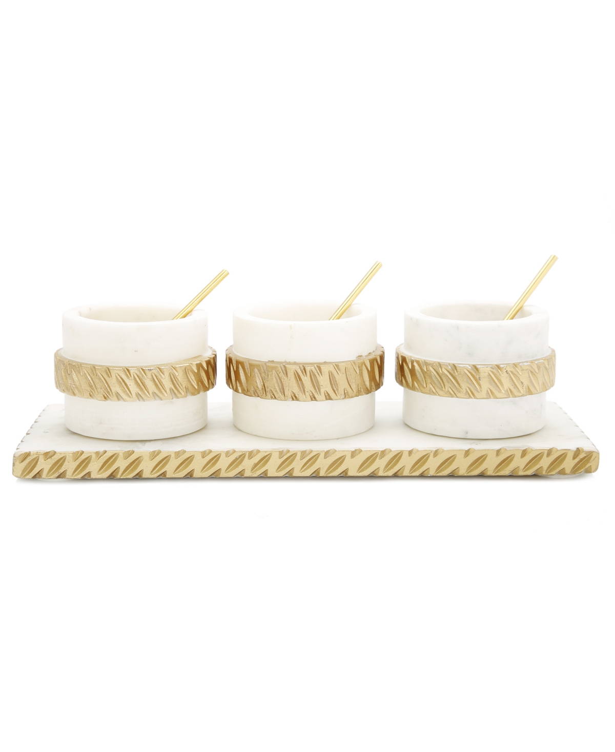 Classic Touch Bowl Relish Dish on Tray with Design and Spoons Set, 7 Piece - White and Gold-Tone