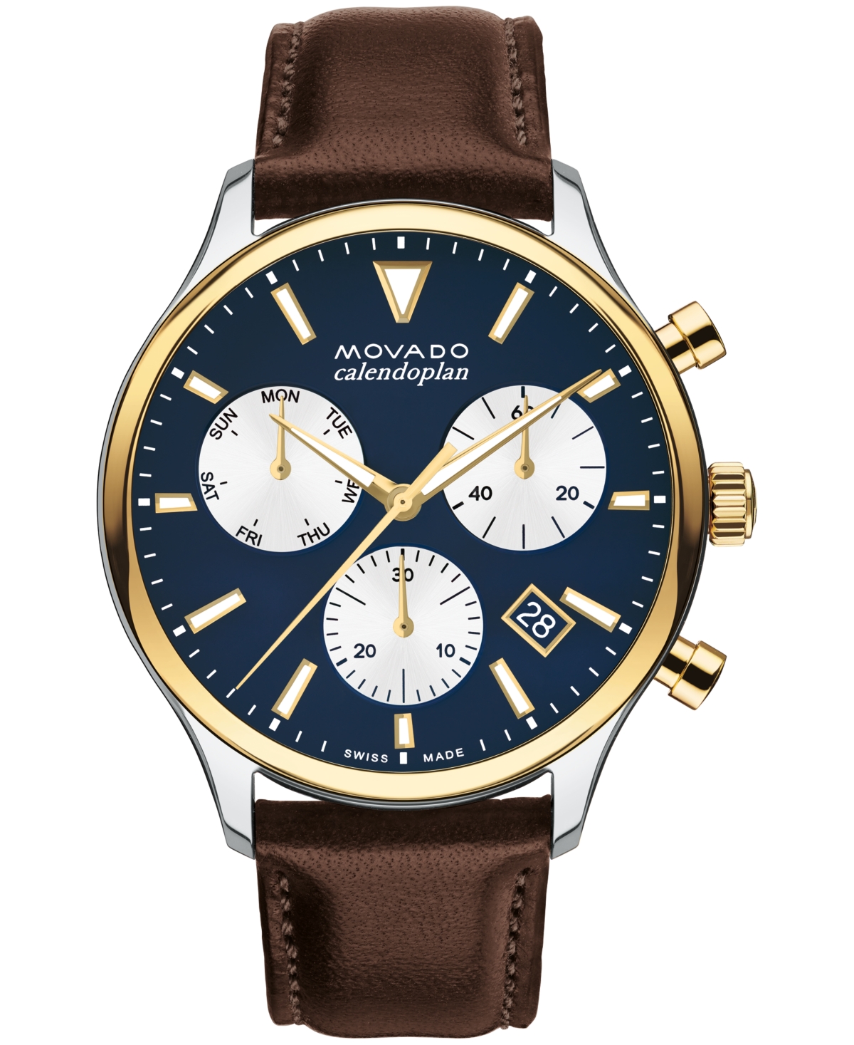 Movado Men's Heritage Calendoplan Swiss Quartz Chronograph Chocolate Genuine Leather Strap Watch 43mm In Brown