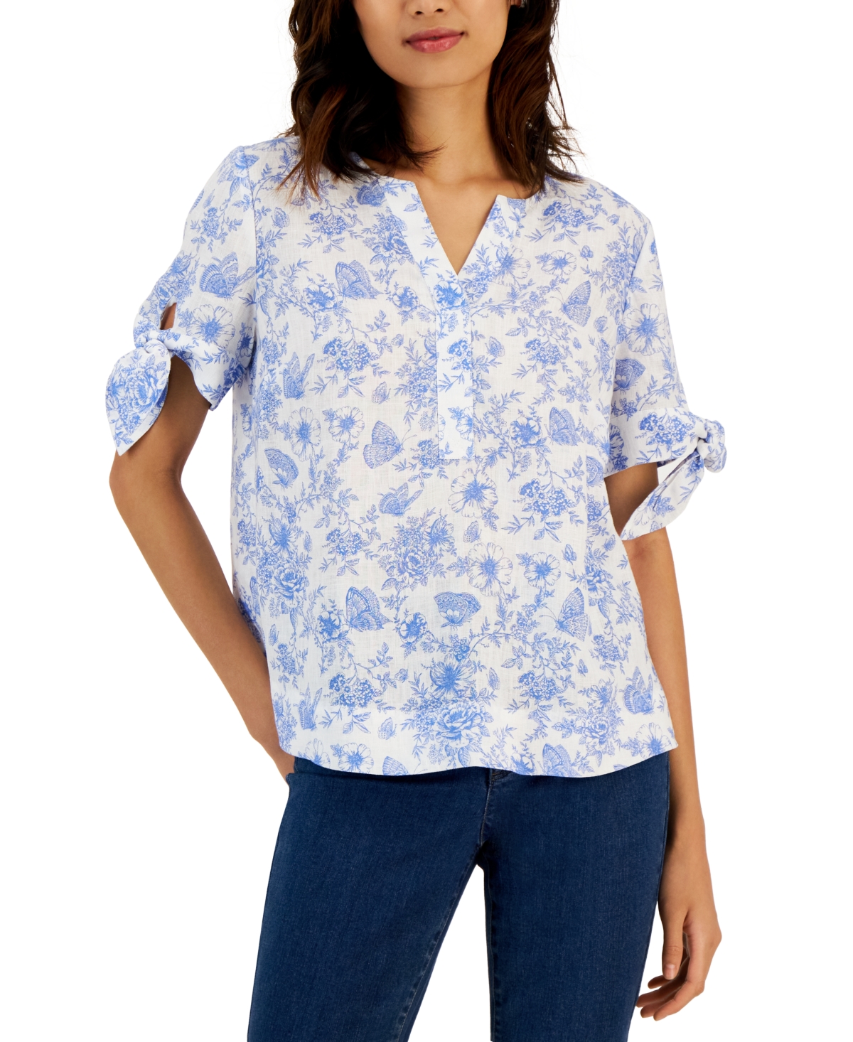 Petite Floral Tie-Cuff Linen Top, Created for Macy's - Blue Combo