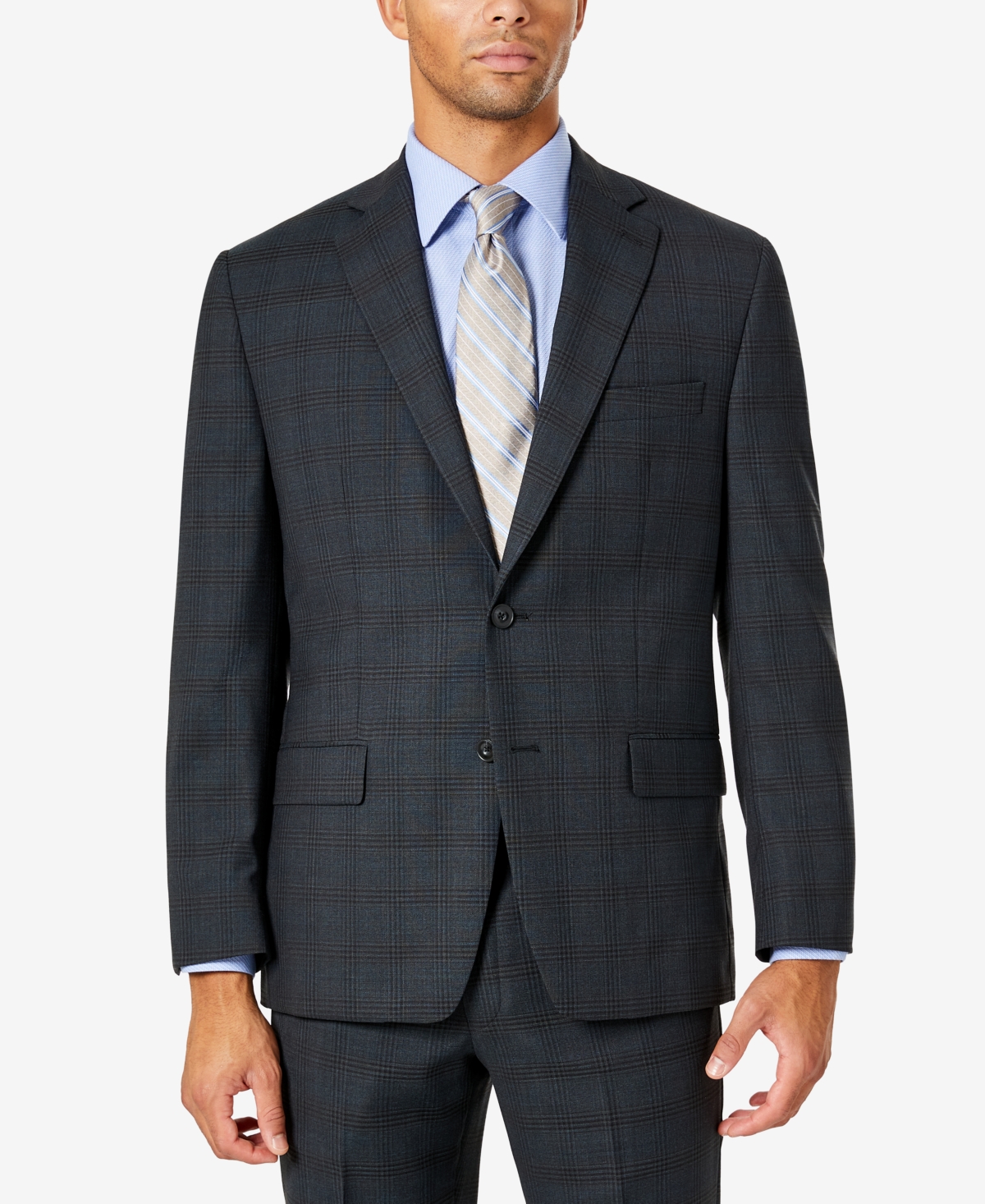 Men's Modern-Fit Airsoft Stretch Wool-Blend Suit Jacket - Blue Plaid