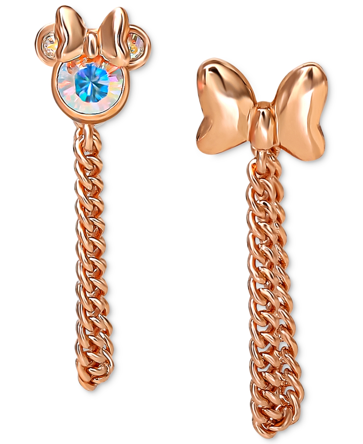 Disney Crystal Minnie Mouse & Bow Mismatch Front To Back Chain Drop Earrings In 18k Rose Gold-plated Sterli In Rose Gold Over Silver