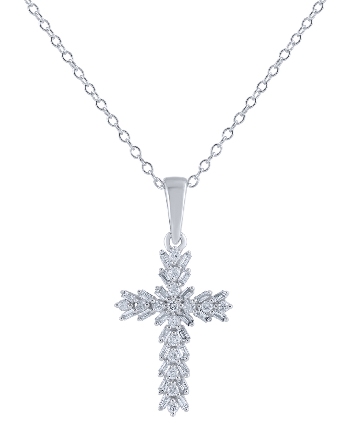 Macy's Diamond Baguette & Round Cross 18" Pendant Necklace (1/4 Ct. T.w.) In 14k White Gold