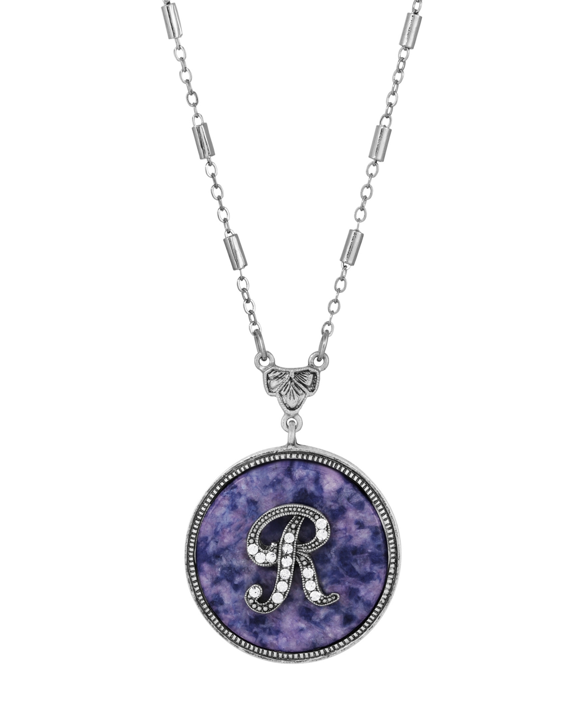 2028 Blue Round Pewter Initial Pendant Necklace