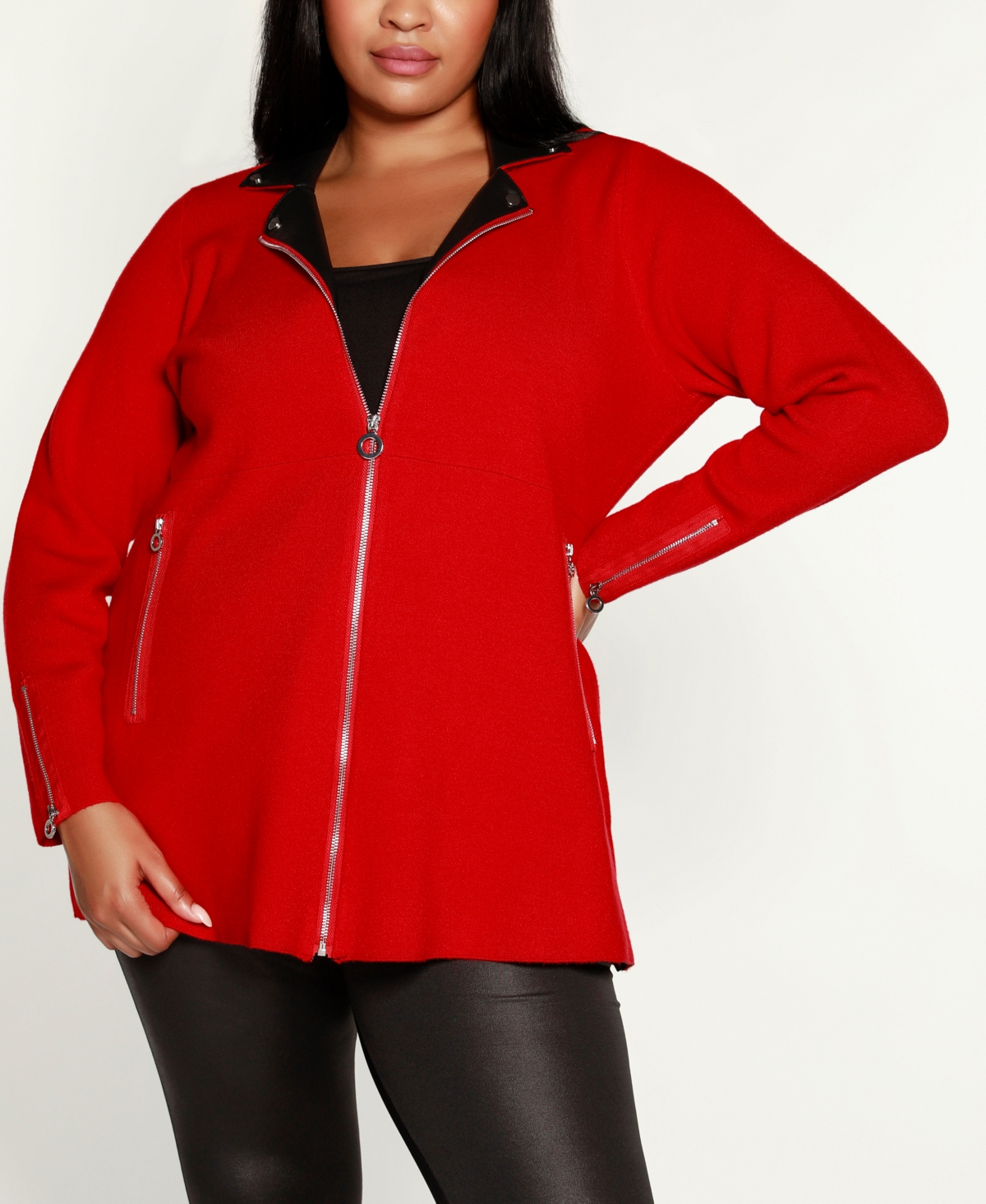 Belldini Black Label Plus Size Faux-Leather Collared Sweater Jacket -Black