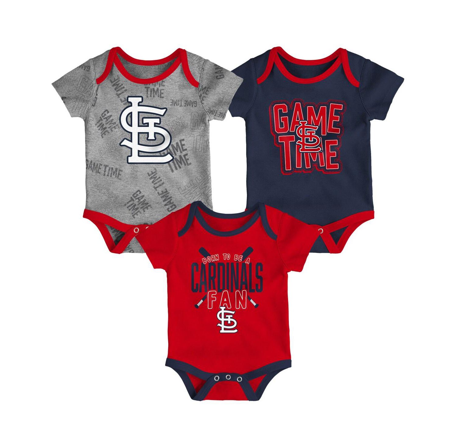Newborn and Infant Boys and Girls St. Louis Cardinals Red, Navy, Heathered Gray Game Time Three-Piece Bodysuit Set