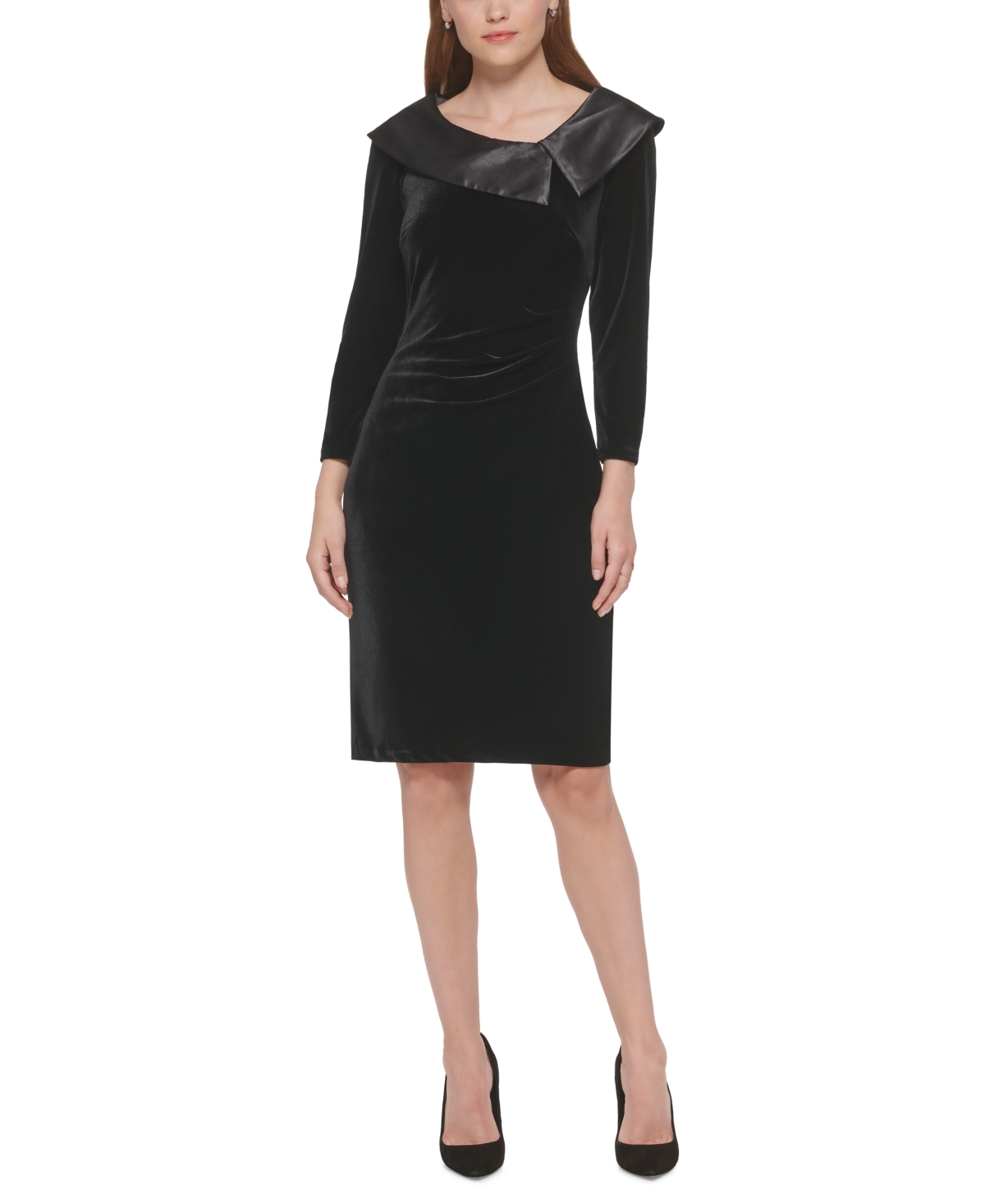 Jessica Howard Petite Stretch Velvet & Satin Sheath Dress In Black