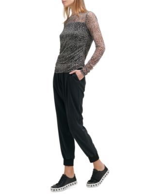 DKNY Women's Short Sleeve V-Neck Mesh Ruched Knit Top – Modern Casual Luxury Blouse For Work & Night Out
