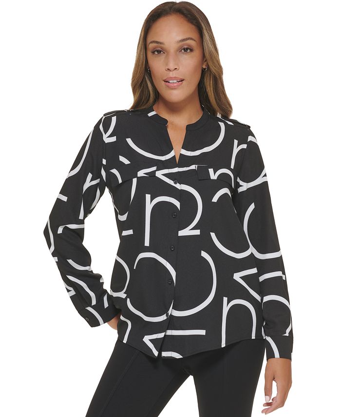 Calvin Klein Women's Long Sleeve Allover Logo Blouse & Reviews - Tops -  Women - Macy's