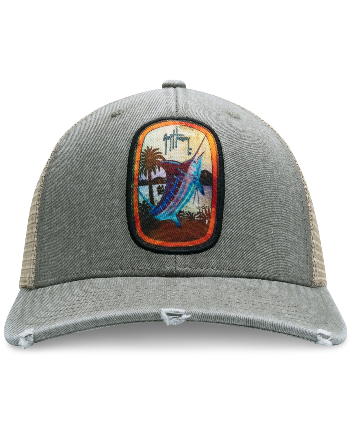 Guy Harvey Men's Sublimated Dominica Patch Distressed Trucker Hat