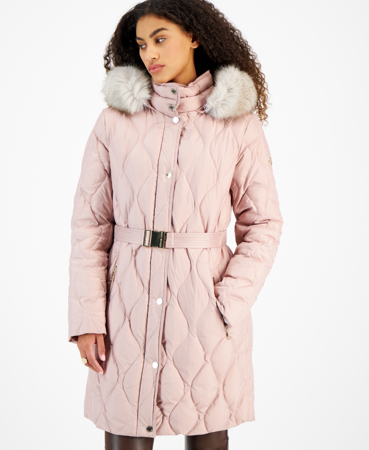 Michael Kors Michael  Women's Belted Faux-fur-trimmed Hooded Puffer Coat In Blush