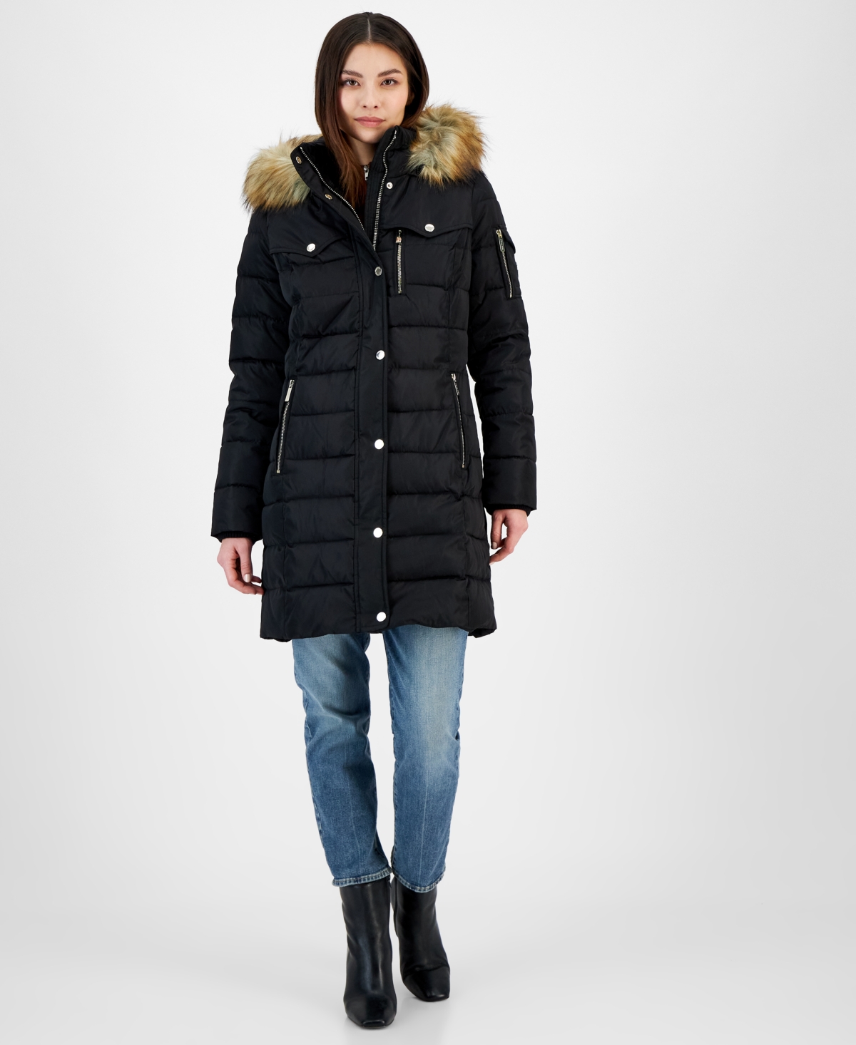 Michael Michael Kors Women's Petite Faux-Fur-Trim Hooded Puffer Coat, Created for Macy's - Black