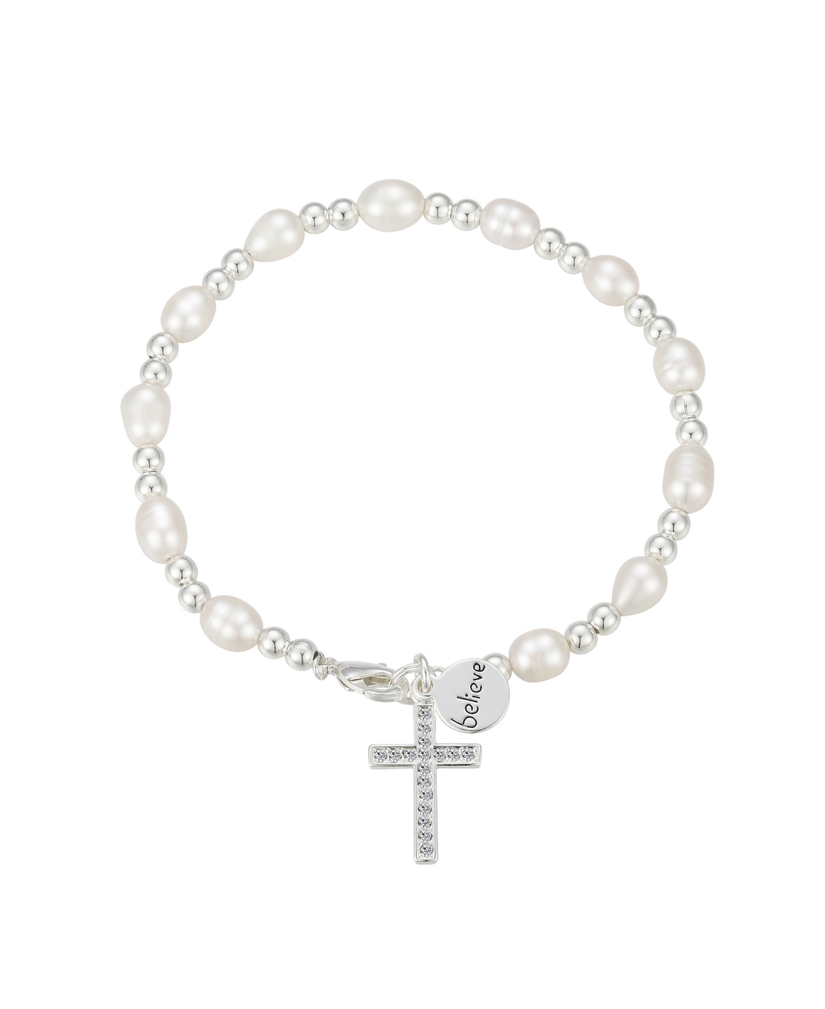 Unwritten Fine Silver-plated Crystal Cross Fresh Water Pearl Bracelet