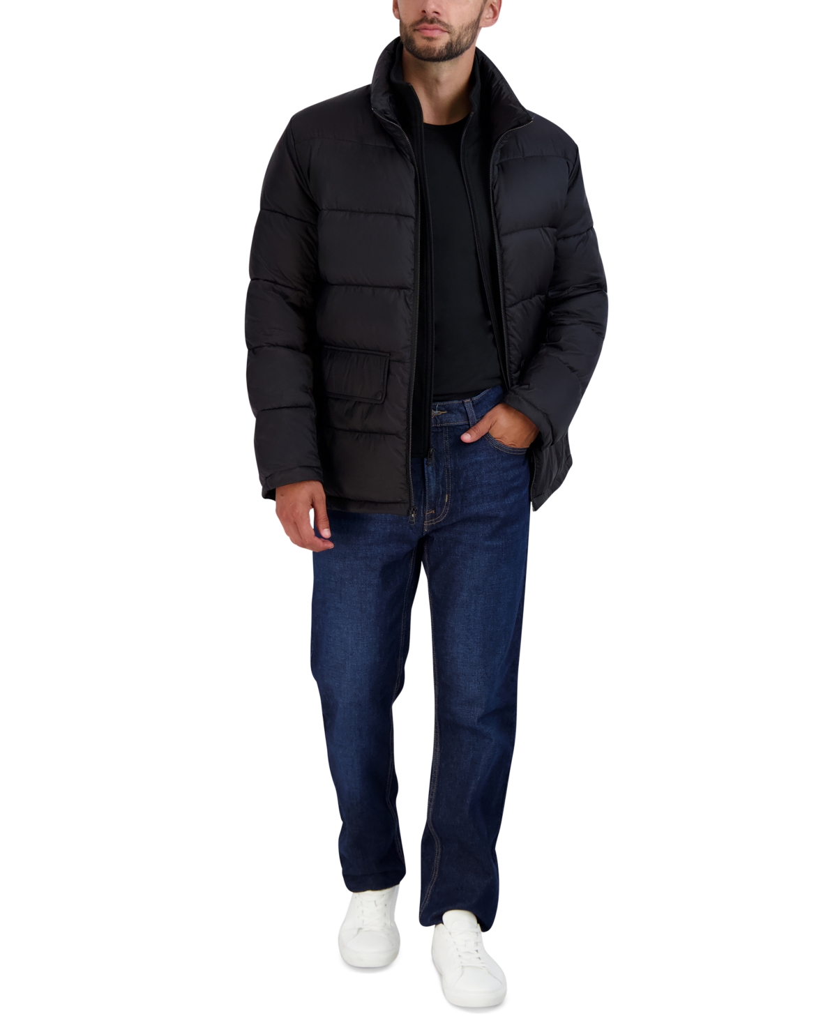 Shop Cole Haan Men's Stand Collar Puffer Jacket With Bib In Black