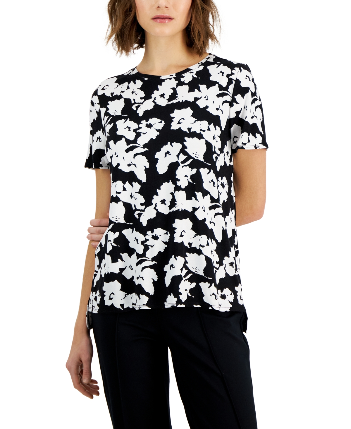 Alfani Women's Short-sleeve Crewneck T-shirt, Created For Macy's In Black White Floral