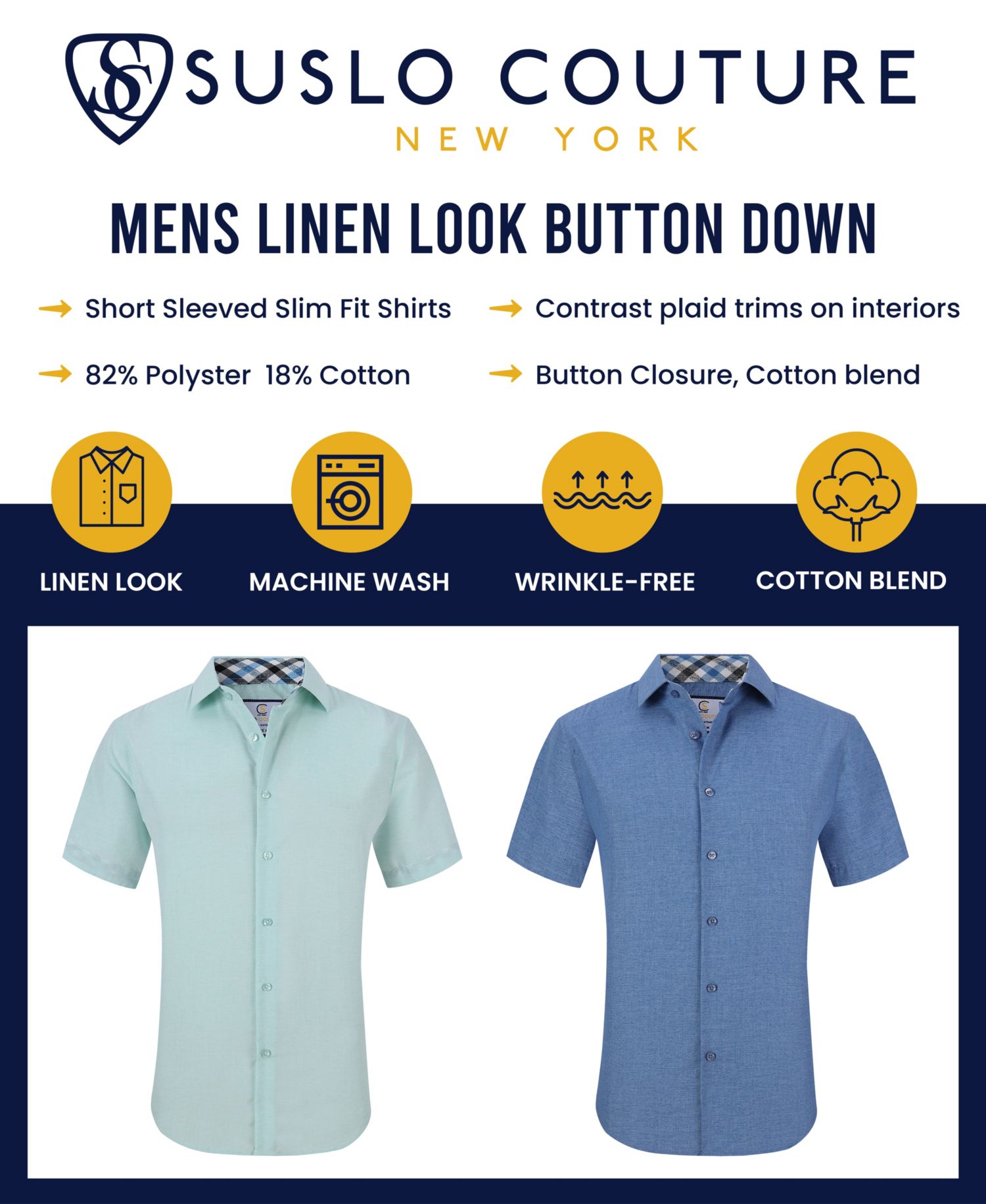 Men's Slim Fit Linen Look Short Sleeve Button Down Shirt