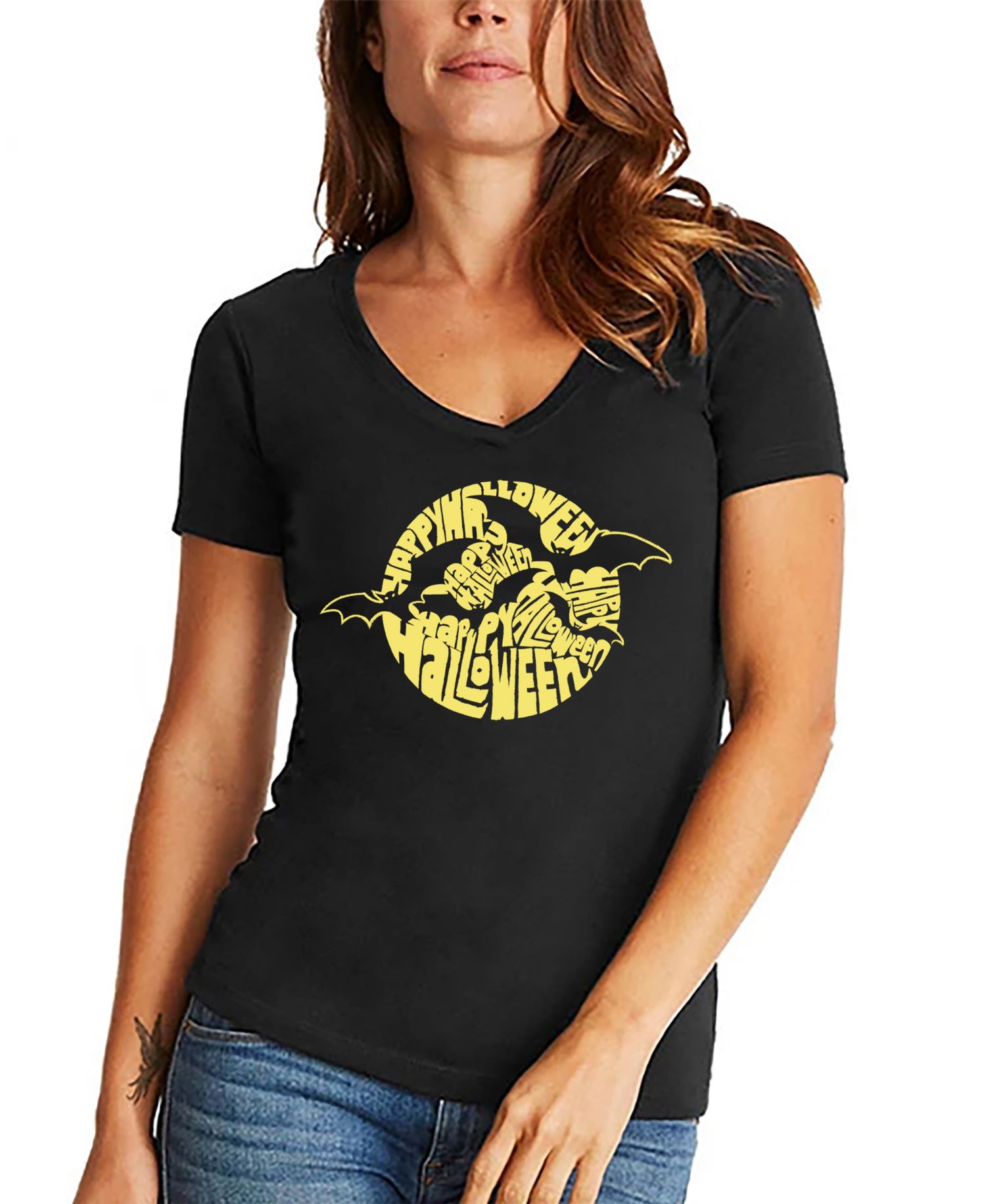 Women's Halloween Bats Word Art V-neck T-shirt