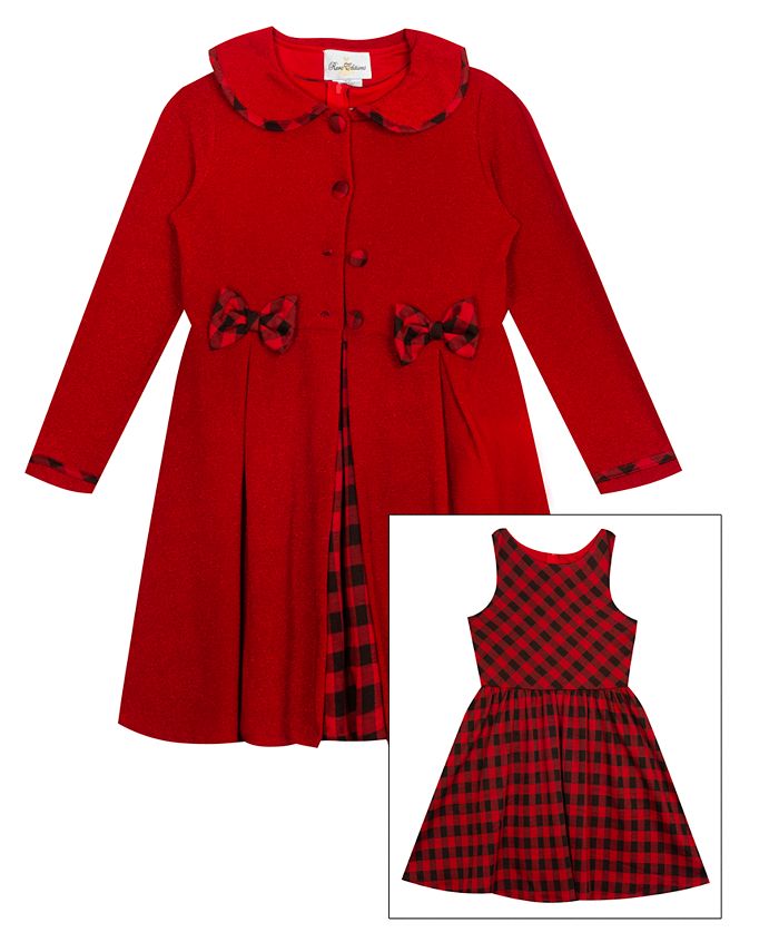 Rare Editions Big Girls Knit Coat with Buffalo Check Dress Set - Macy's