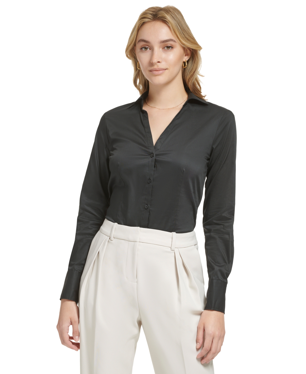 Calvin Klein Women's X-Fit Long Sleeve Collared Button Down Bodysuit