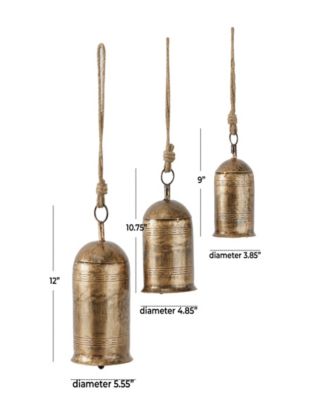 Gold-Tone Metal Bohemian Decorative Cow Bell with Jute Hanging Rope Set 3 Pieces