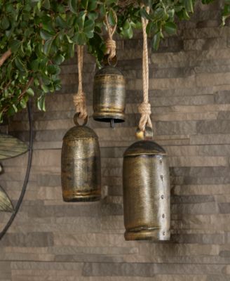 Bronze Metal Rustic Decorative Cow Bell with Jute Hanging Rope Set 3 Pieces