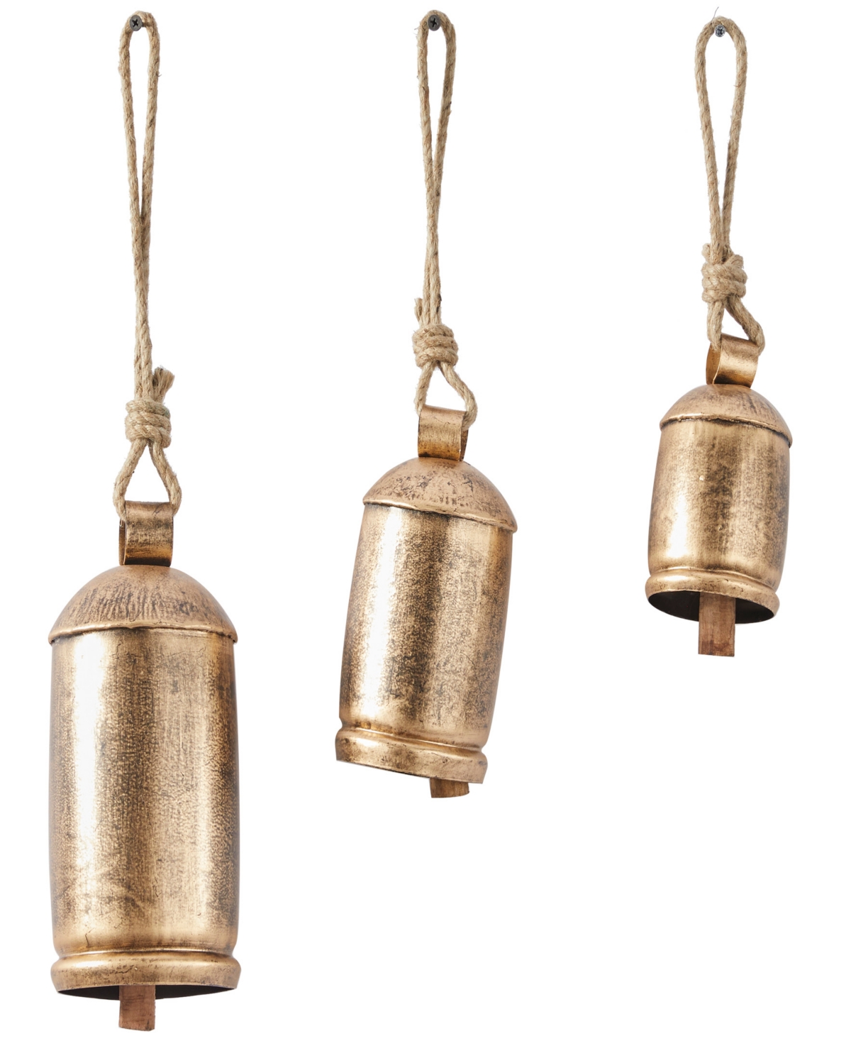 Rosemary Lane Black Metal Bohemian Decorative Cow Bell With Jute Hanging Rope Set 3 Pieces In Gold-tone