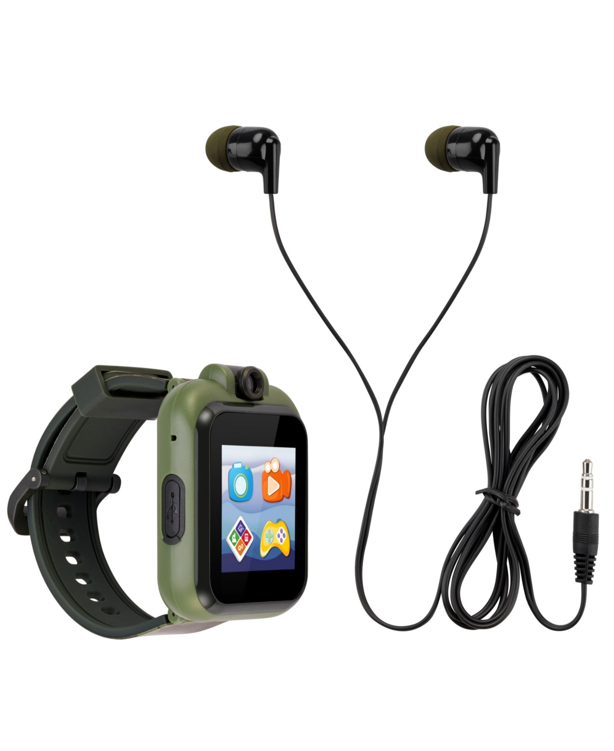 Playzoom Kid'sSilicone Strap Touchscreen Smart Watch with Earbuds Gift Set - Dark Green Camo Prints