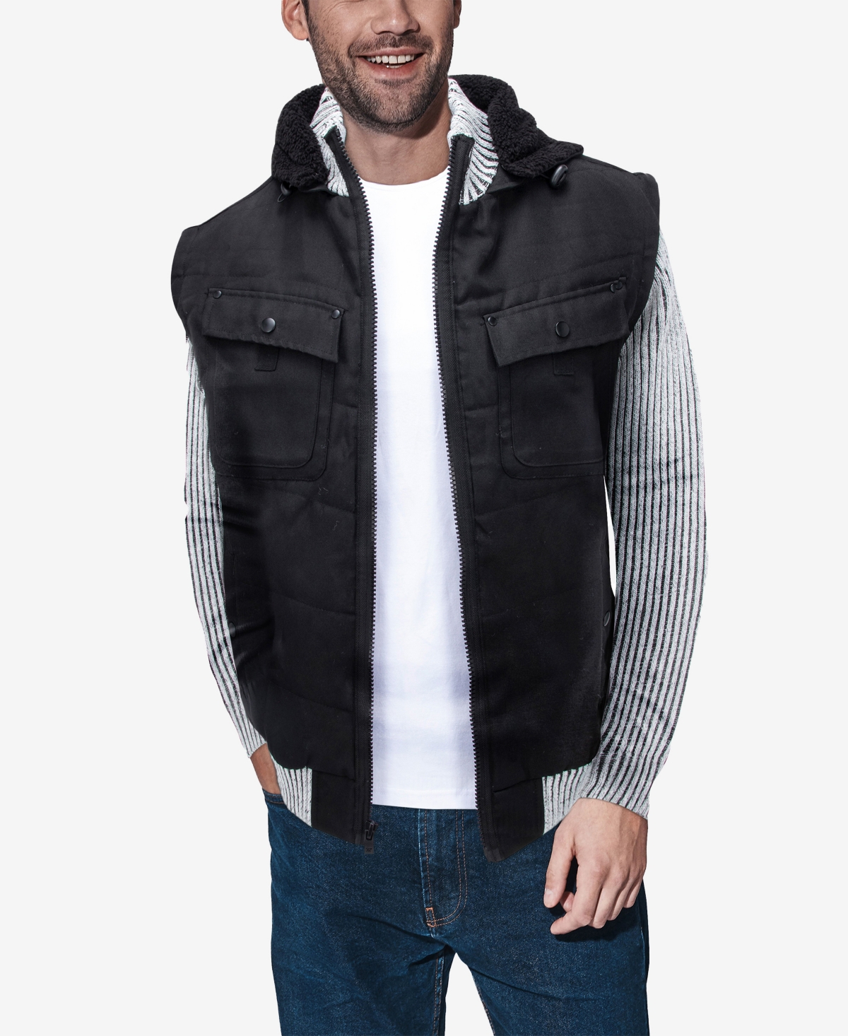 X-Ray Men's Canvas Flap Pocket Full Zip Sweater Jacket with Sherpa Hood