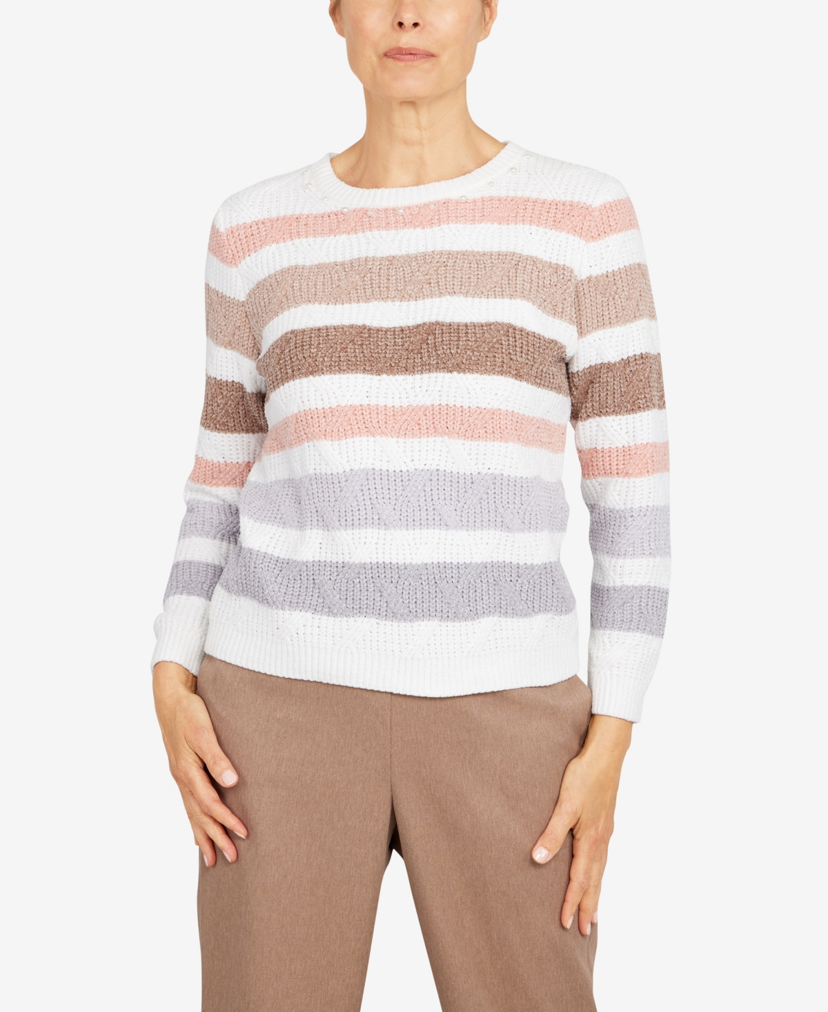 ALFRED DUNNER WOMEN'S STONEHENGE CREWNECK LONG SLEEVE POINTELLE CHENILLE SWEATER