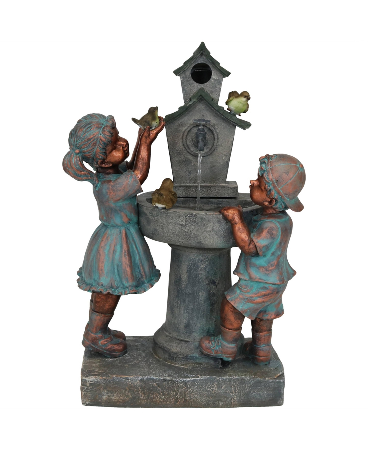 Boy and Girl at Birdbath Water Fountain with Led Lights - 30 in - Grey
