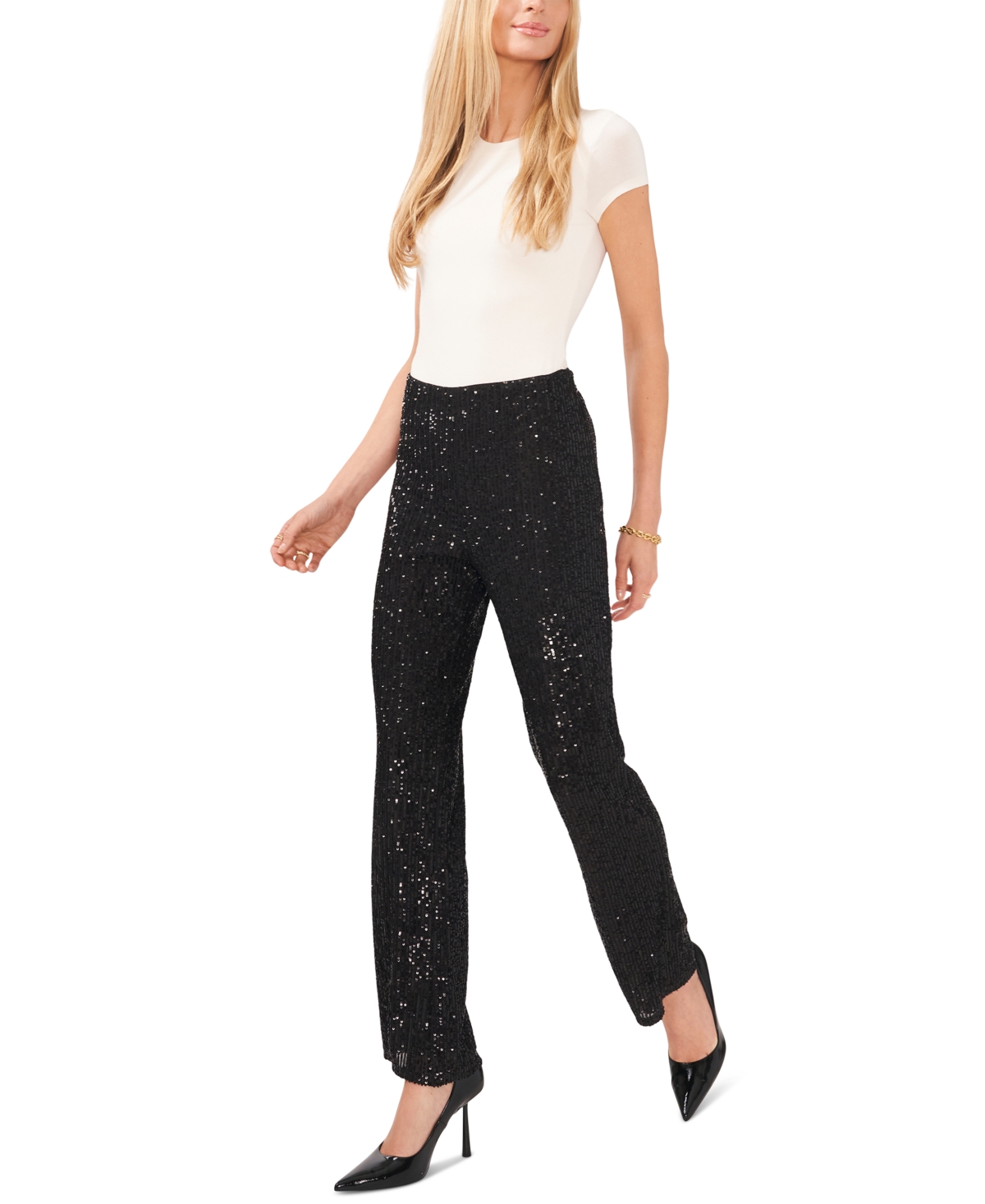 Vince Camuto Women's Pull-on Sequined Flared Pants In Rich Black
