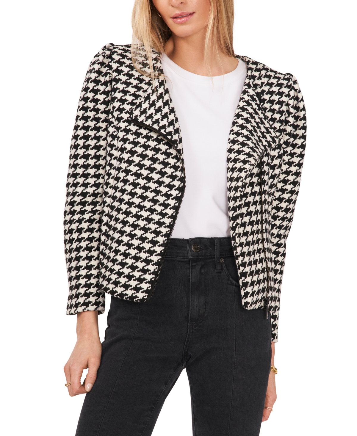 Vince Camuto Women's Houndstooth Puff-Sleeve Moto Jacket