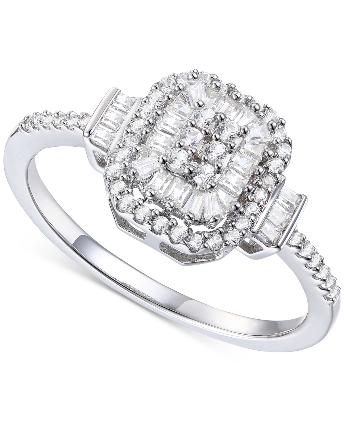 Diamond Baguette & Round Cluster Ring (1/3 ct. t.w.) in Sterling Silver - Sterling Silver