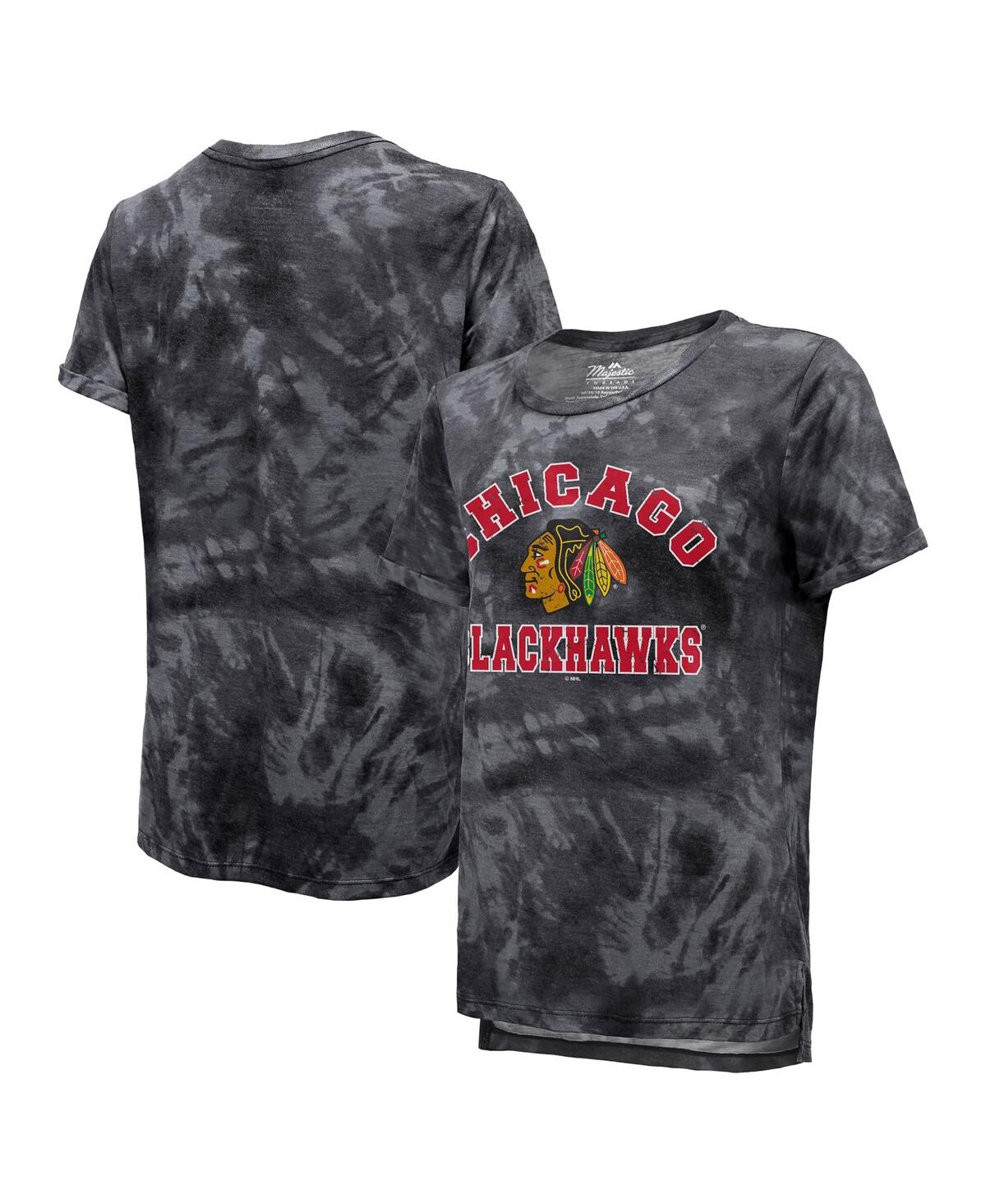 MAJESTIC WOMEN'S MAJESTIC THREADS BLACK CHICAGO BLACKHAWKS BOYFRIEND TIE-DYE TRI-BLEND T-SHIRT 