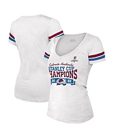 Women's Threads White Colorado Avalanche 2022 Stanley Cup Champions Striped V-Neck T-shirt