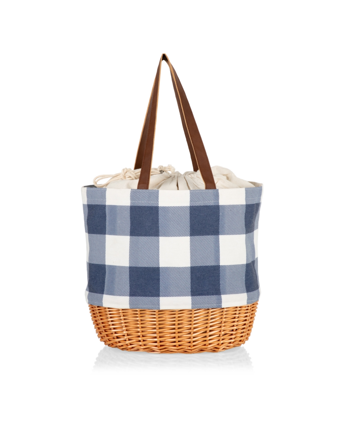 Picnic Time Coronado Canvas And Willow Basket Tote Bag In Blue And White With Beige Accents