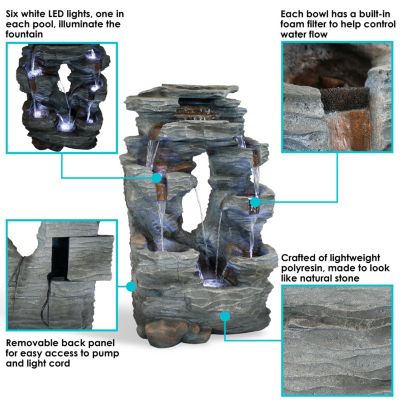 Dual Cascading Rock Falls 39-Inch Outdoor Water Fountain with LED Lights - Electric Submersible Pump