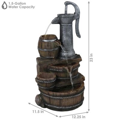Cozy Farmhouse Pump and Barrels 23-Inch Outdoor Fountain with LED Lights - Polyresin - Electric Submersible Pump